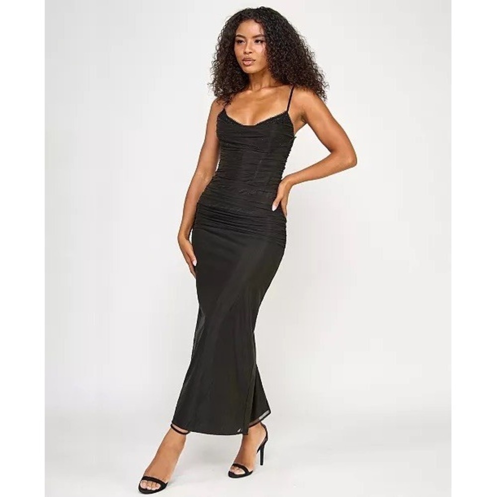 NWOT Seni & Cade Maxi Dress Womens Black Ruched Mesh Lace Trim XXS $